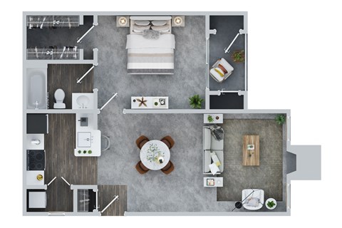 Floor plan for 1 bed, 1 bath, 713 sqft